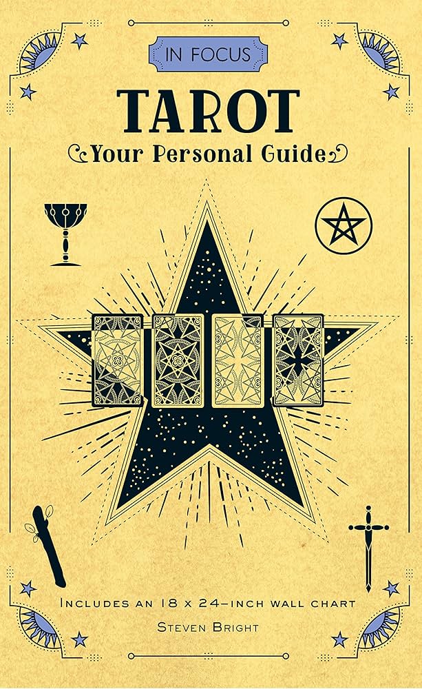 In Focus Tarot by Steven Bright – comprehensive guide featuring detailed interpretations of the Major and Minor Arcana, practical spreads, and a 18×24-inch wall chart for quick reference.
