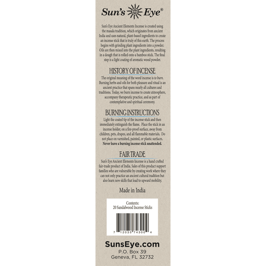 Sandalwood - 20 Natural Incense Sticks - Sun's Eye