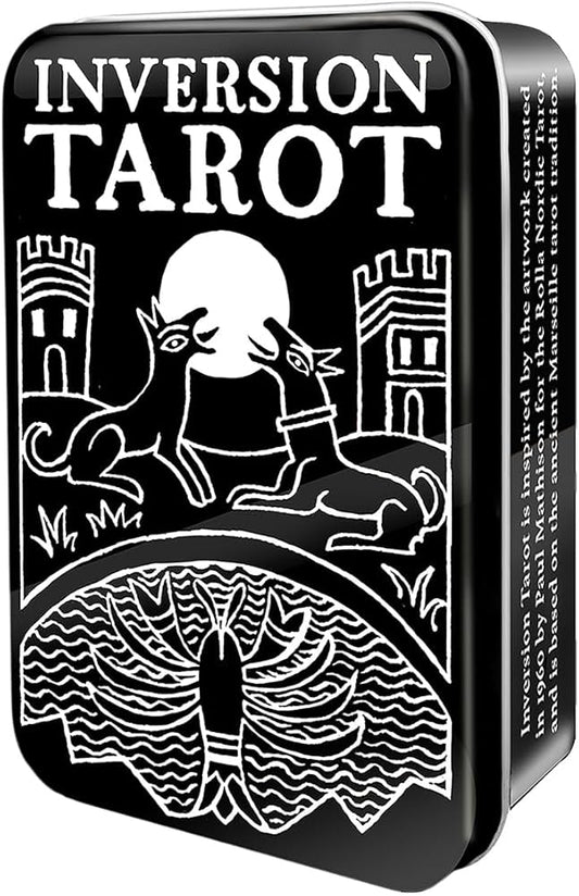 Inversion Tarot in a Tin by Jody Boginski Barbessi – 78 black-and-white cards in a compact tin, inspired by 1960s Rolla Nordic Tarot art.
