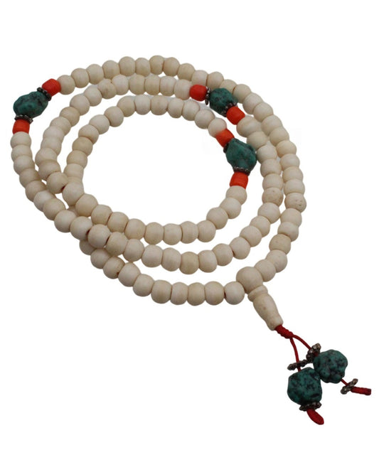 White Bone & Imitation Turquoise, Coral 8mm 108 Bead Japa Mala