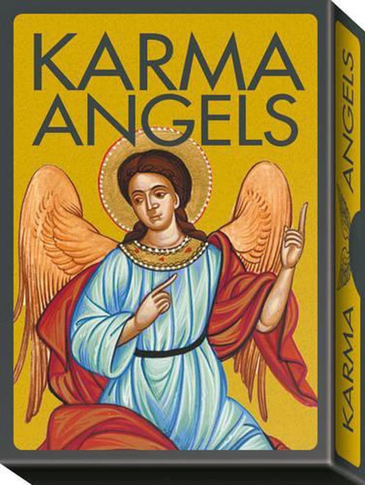 Karma Angels Oracle by Marcus Katz & Tali Goodwin – a golden 32-card angel oracle deck with guidebook offering gentle karmic insight.
