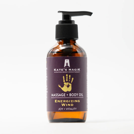 Kate's Magik Energizing Wind Massage + Body Oil – revitalizing blend for energy, clarity, and uplifting the spirit.
