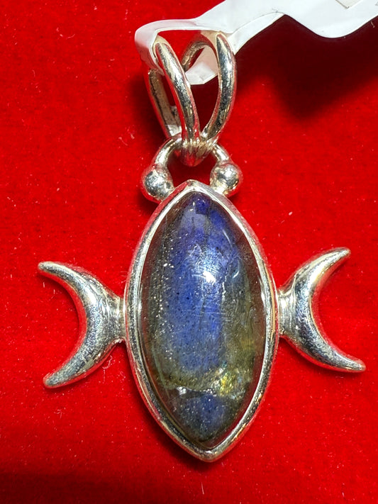 Labradorite Marquise Triple Goddess Sterling Silver Pendant – unique silver jewelry featuring marquise labradorite and triple goddess symbol representing intuition and feminine power.
