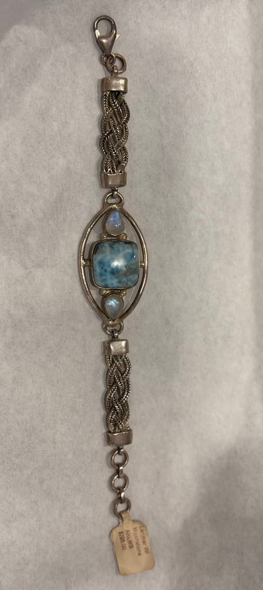Larimar with Moonstone 925 Sterling Stone – soothing blue and white crystal combo promoting intuition and emotional healing.
