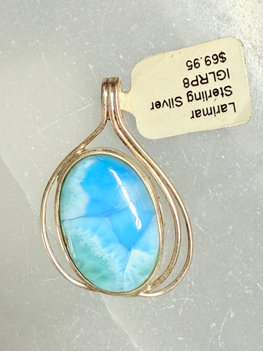 Larimar Oval Sterling Silver Pendant 3 Wire – soothing crystal jewelry with wire detail for calm, healing, and balance.


