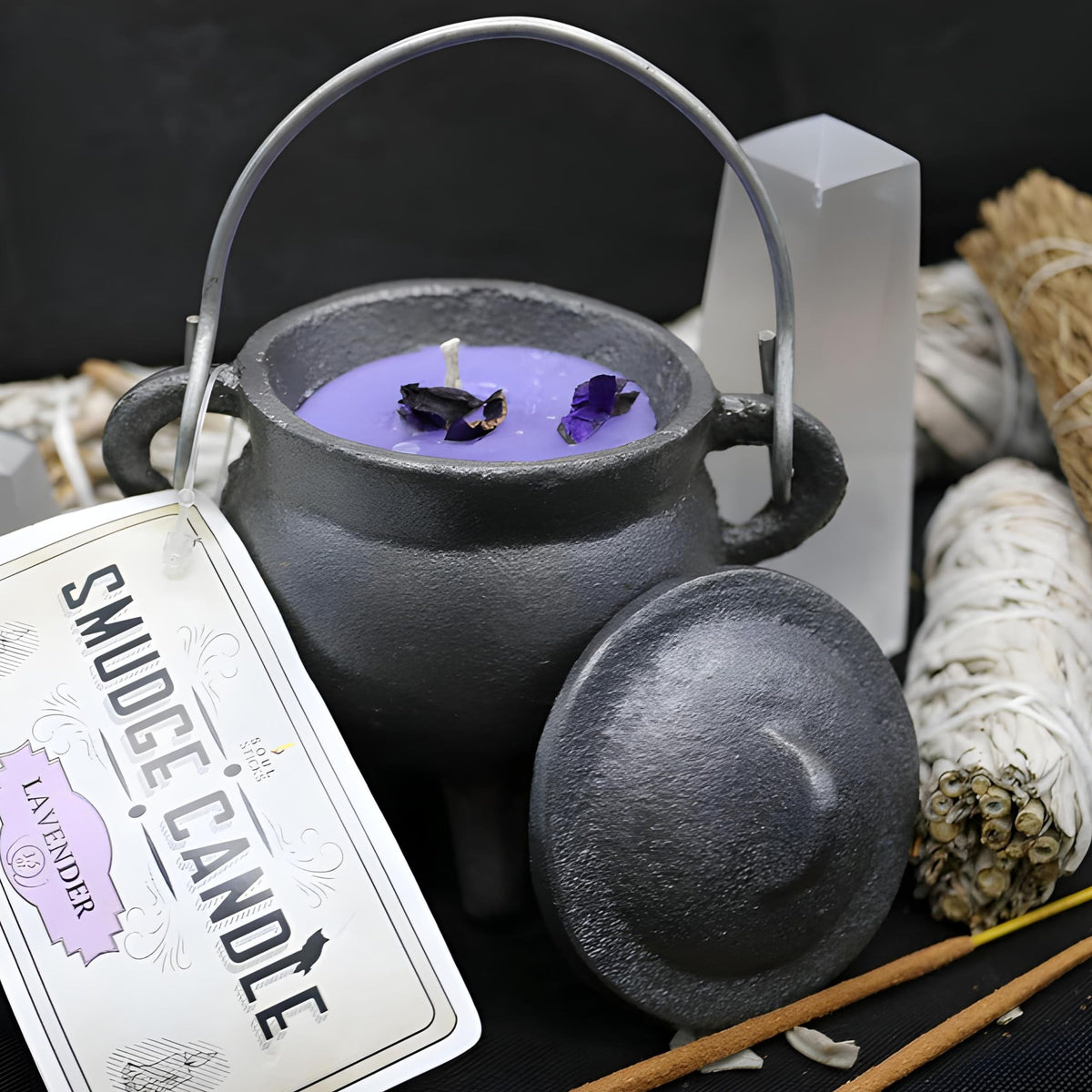 Lavender Smudge Candle in 4 inch cast iron cauldron
