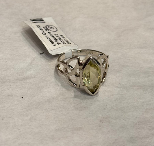 Lemon Quartz Triquetra Sterling Silver Ring size 8 – vibrant yellow crystal jewelry featuring triquetra design symbolizing unity and energy.
