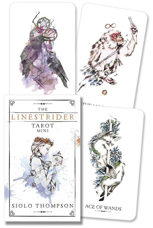 The Linestrider Tarot Mini by Siolo Thompson – a 78-card deck featuring minimalist watercolor illustrations, offering intuitive insights with a whimsical touch.
