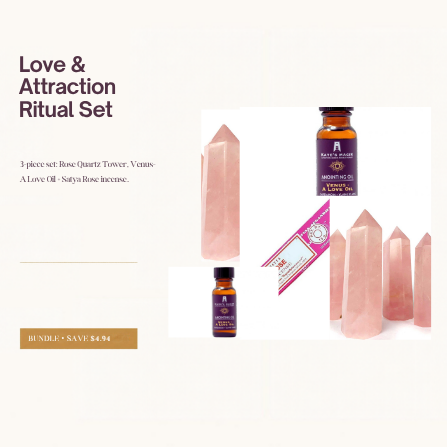 Love and Attraction Ritual Set with Rose Quartz Tower, Venus Love Oil and Satya Rose incense