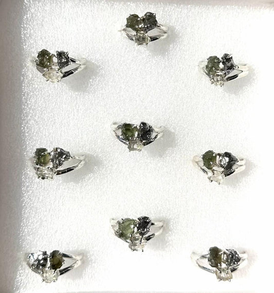 Moldavite, Meteorite, Herkimer Diamond Quartz .925 Sterling Silver Ring Size 9