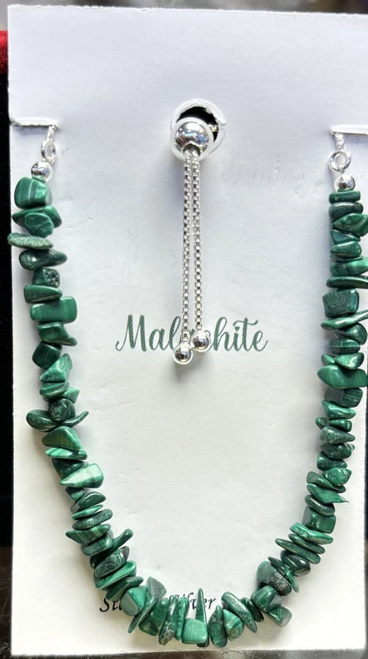 Malachite Chips Stone .925 Sterling Silver Adjustable Bracelets