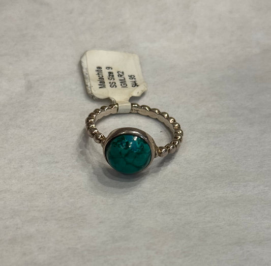 Malachite Sterling Silver Ring size 9 – vibrant green crystal jewelry known for transformation and protective energy.
