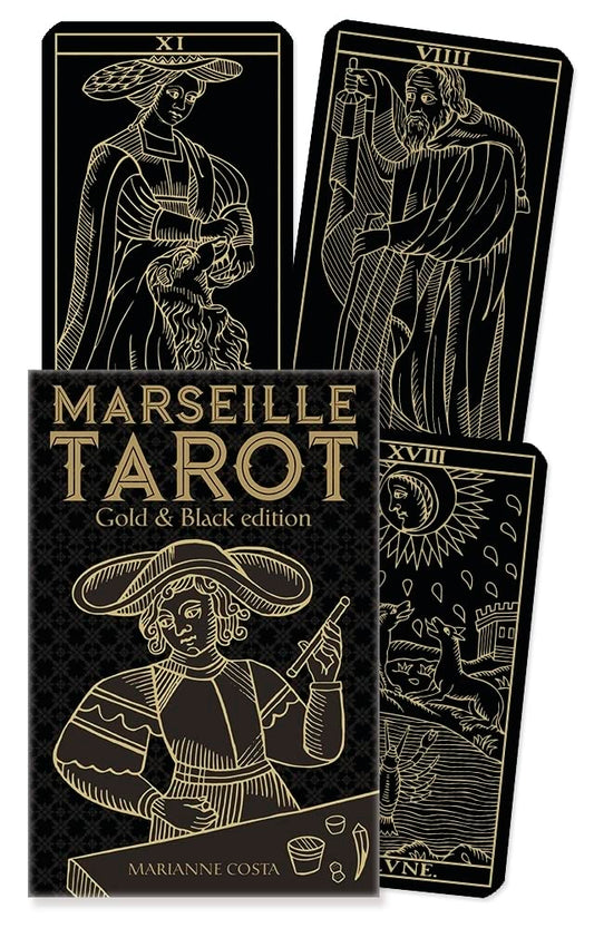 Marseille Tarot: Gold and Black Edition by Marianne Costa – a luxurious 78-card deck featuring gold-foil line art on a black textured background, accompanied by a 160-page guidebook, offering a modern take on the classic 1709 Madenié design.
