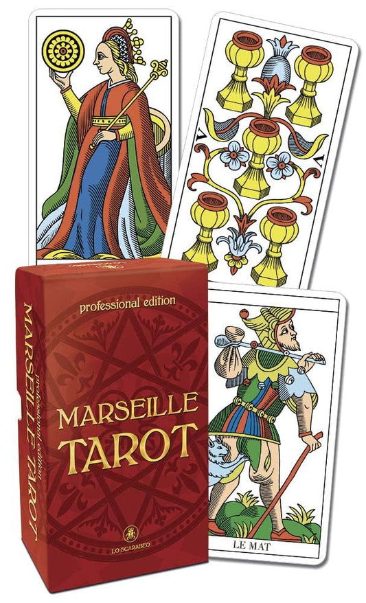 Marseille Tarot: Professional Edition by Anna Maria Morsucci & Mattia Ottolini – a high-quality 78-card deck featuring traditional Marseille-style artwork, enlarged for enhanced detail and durability, ideal for professional readers and educators.
