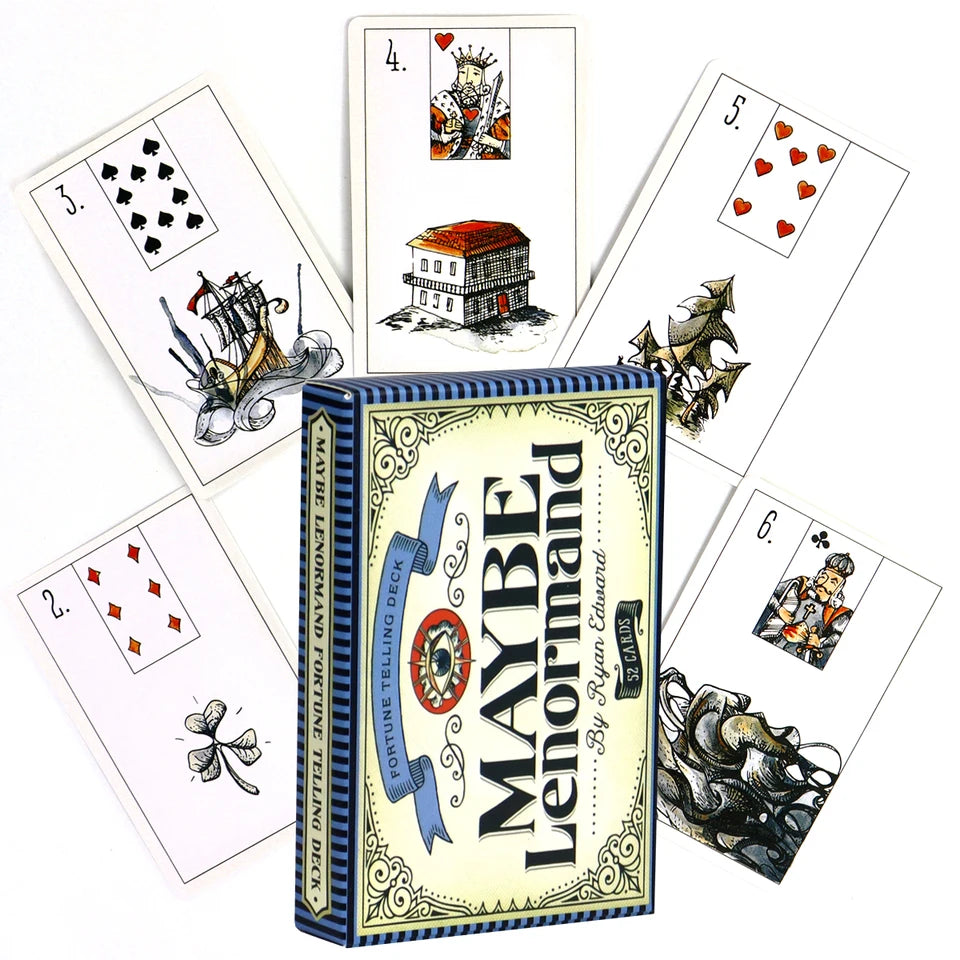 Maybe Lenormand by Ryan Edward – 52-card deck featuring stylized illustrations that convey the core meaning of each card, accompanied by a 72-page illustrated guidebook with keywords, meanings, and instructions for reading with either 36 or 52 cards.
