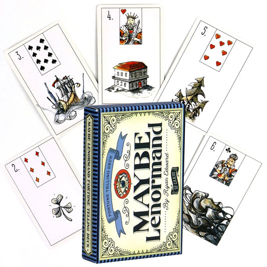 Maybe Lenormand by Ryan Edward – 52-card deck featuring stylized illustrations that convey the core meaning of each card, accompanied by a 72-page illustrated guidebook with keywords, meanings, and instructions for reading with either 36 or 52 cards.
