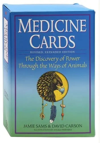 Medicine Cards: The Discovery of Power Through the Ways of Animals by Jamie Sams & David Carson – a 256-page hardcover book featuring 52 illustrated cards and a guidebook, offering insights into personal growth and spiritual guidance through animal symbolism.
