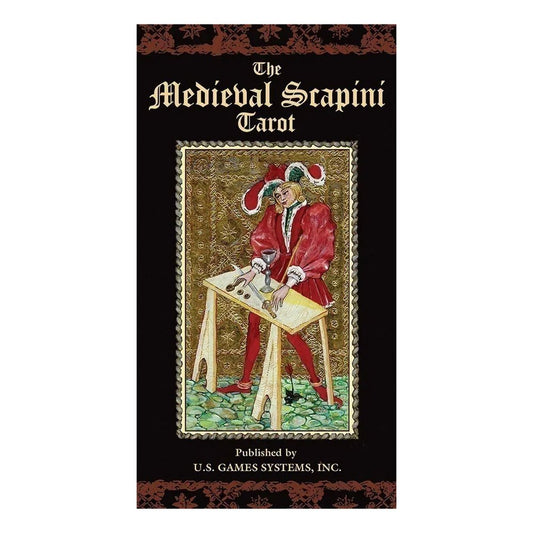 The Medieval Scapini Tarot by Luigi Scapini – Renaissance-inspired tarot deck featuring gold-accented illustrations of 15th-century Italy, with full scenes in both Major and Minor Arcana.
