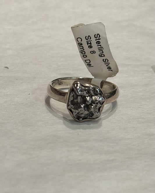 Meteorite Natural Sterling Silver Ring size 8 – unique silver jewelry featuring authentic meteorite stone symbolizing cosmic energy and strength.
