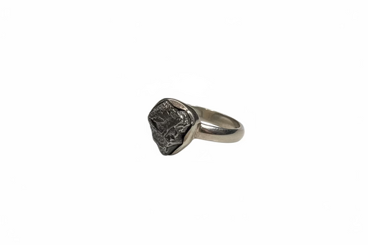 Meteorite Natural Sterling Silver Ring size 9 – unique silver jewelry featuring authentic meteorite stone symbolizing cosmic energy and strength.
