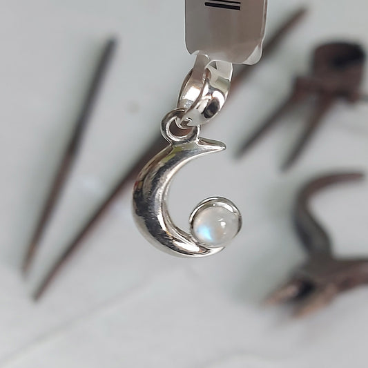 Rainbow Moonstone New Moon Crescent Sterling Silver Pendant