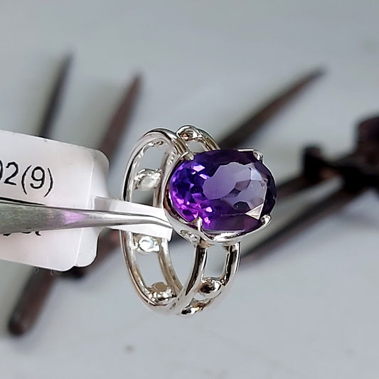 Amethyst Faceted Gem 2 Band Style Sterling Silver Ring Size 9