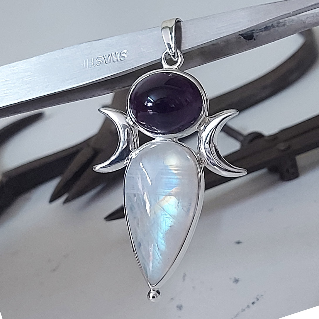 Rainbow Moonstone & Amethyst Goddess Chalice Sterling Silver Pendant