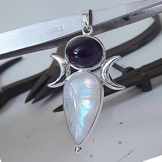 Rainbow Moonstone & Amethyst Goddess Chalice Sterling Silver Pendant
