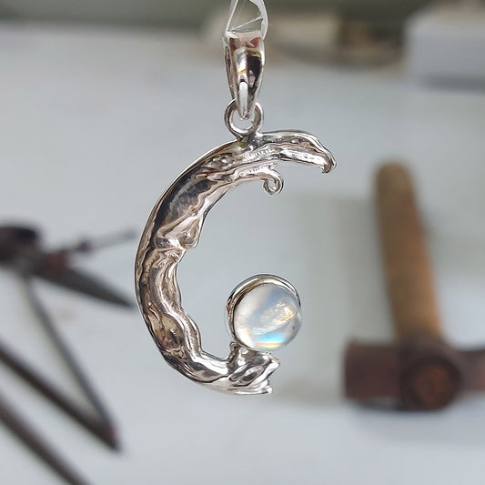 Rainbow Moonstone Crescent Moon Sterling Silver Pendant