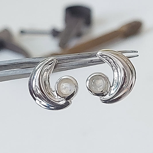 Rainbow Moonstone Crescent Moon Sterling Silver Studs Earrings