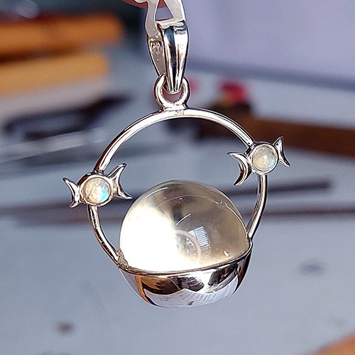 Clear Quartz with Triple Moon Rainbow Moonstone My Worlds Orbit Sterling Silver Pendant