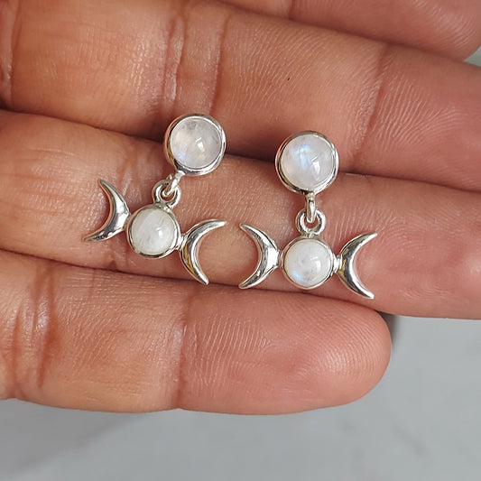 Rainbow Moonstone Triple Goddess Sterling Silver Studs Earings