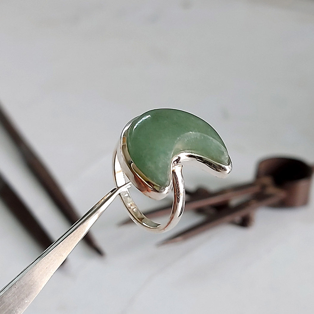 Jade crescent Moon Sterling Silver Ring Size 7