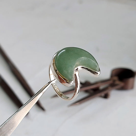 Jade crescent Moon Sterling Silver Ring Size 9