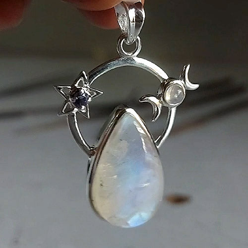 Rainbow Moonstone with Iolite My Orbit Sterling Silver Pendant