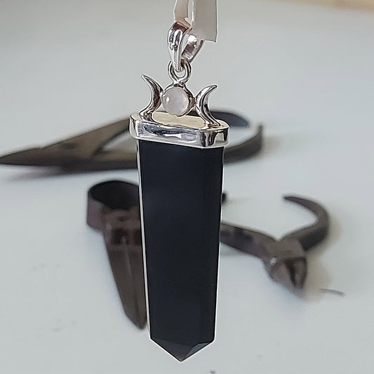 Black Tourmaline with Moonstone Triple Goddess Sterling Silver Pendant