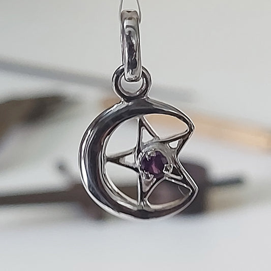 Amethyst Pentacle Moon Sterling Silver Pendant