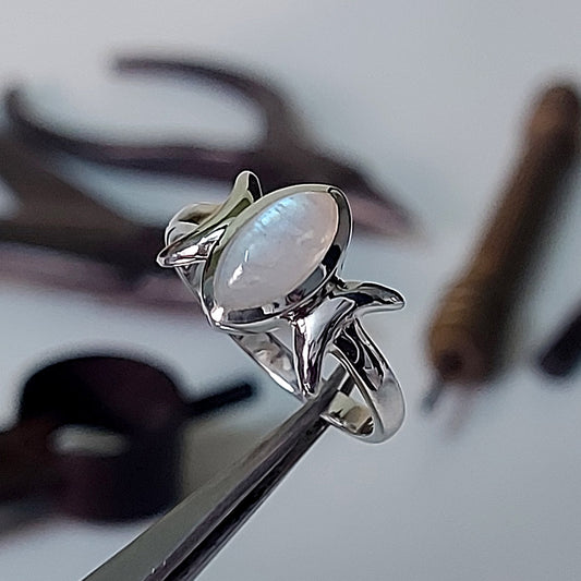 Rainbow Moonstone Triple Goddess Sterling Silver Rings Size 7