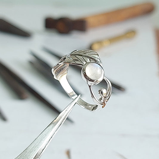 Rainbow Moonstone Goddess Feather Band Sterling Silver Ring Size 7