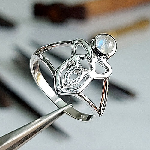 Rainbow Moonstone Triquetra Celtic Knotted Sterling Silver Ring Size 8