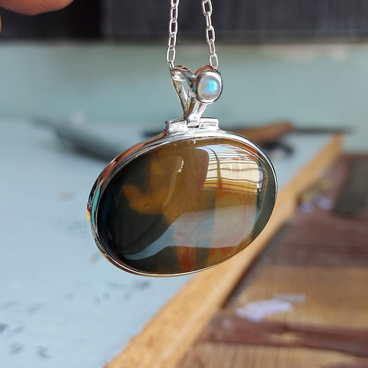 Polychrome Jasper (Osolite) with Moonstone Sterling Silver Pendant