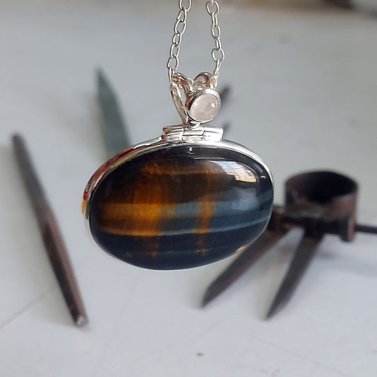 Blue Tiger Eye ( Hawkseye) with Moonstone Sterling Silver Pendant