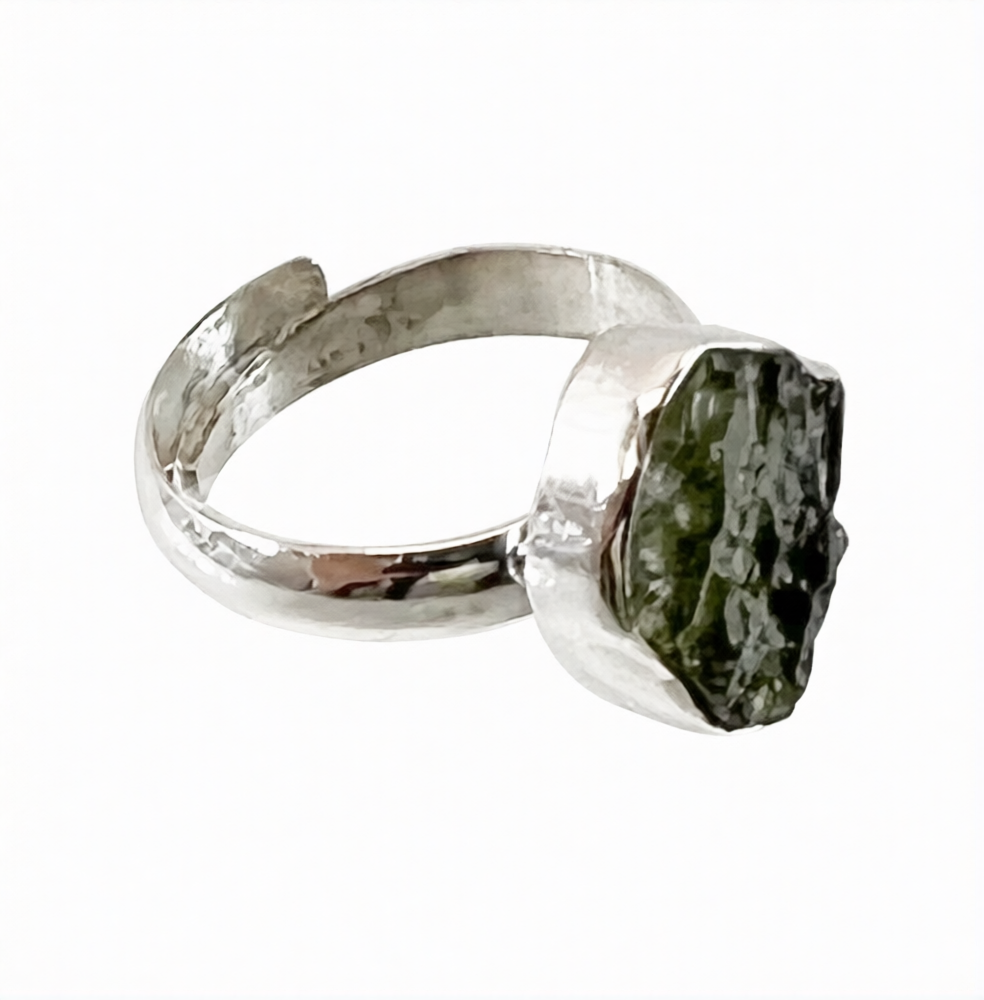 Moldavite Raw Adjustable Sterling Silver Ring