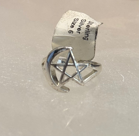 Moon and Star of David (Pentacle) Sterling Silver Ring size 6 – unique silver jewelry featuring celestial and sacred symbols representing protection and spirituality.
