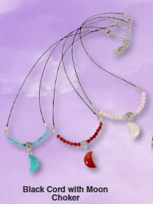 Crescent Moon With Beads Choker On Black Cord Clasp Necklace