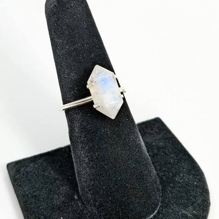 Rainbow Moonstone Double Terminated Point .925 Sterling Silver Ring Size 7