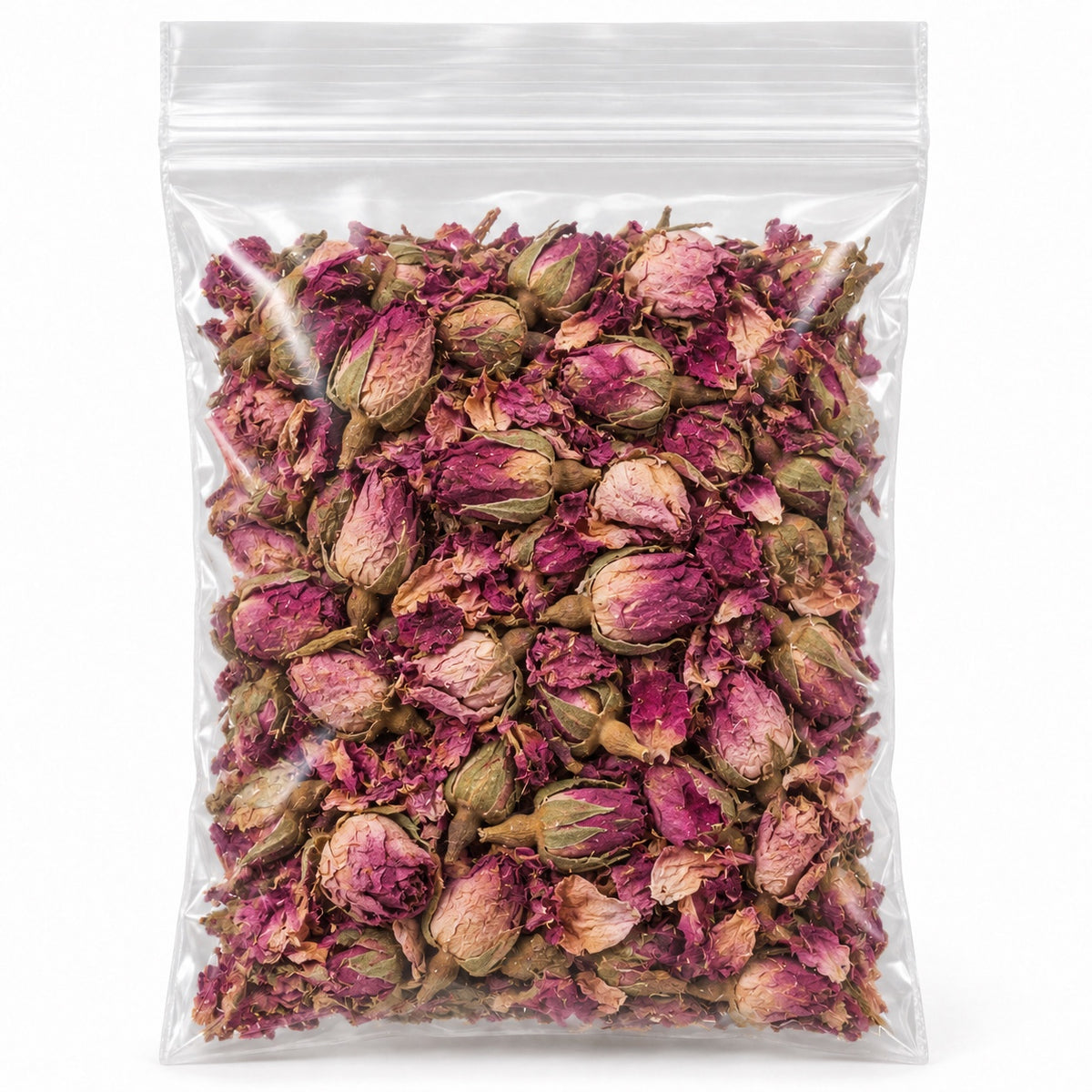 Moroccan rose buds loose herb in a clear resealable bag on a white background