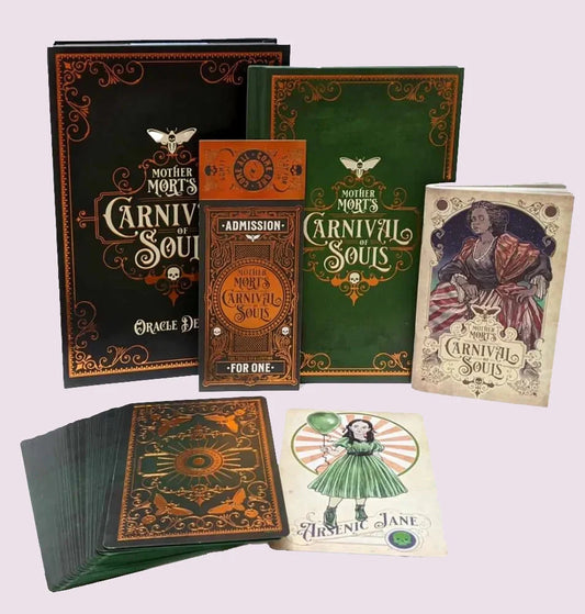 Mother Mort's Carnival of Souls Oracle by Matt Hughes – a 32-card oracle deck featuring green foil-accented cards with gilded edges, accompanied by a 76-page guidebook and an 80-page hardcover storybook, all housed in a copper-foil embellished box.
