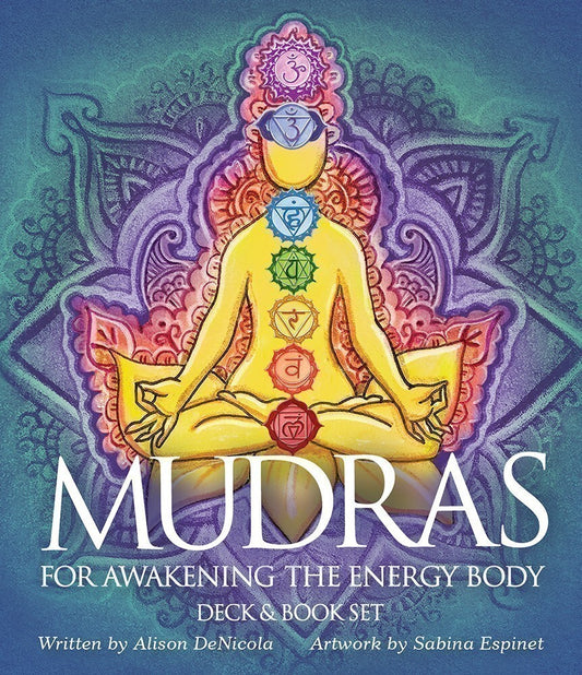 Mudras for Awakening the Energy Body by Alison DeNicola with art by Sabina Espinet – A deluxe 40-card deck (33 mudras + 7 chakras) and illustrated 112‑page guidebook teaching energy‑focused hand gestures for wellness.
