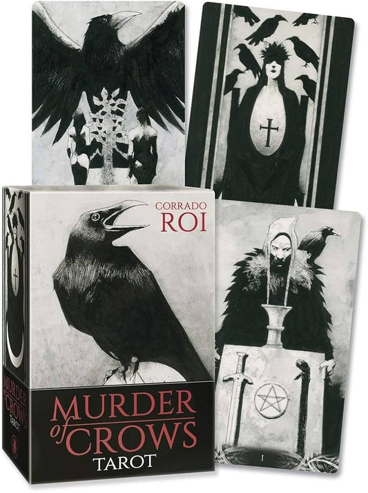 Murder of Crows Tarot by Corrado Roi – a 78-card gothic deck featuring striking black-and-white crow imagery, exploring omens and intuition.
